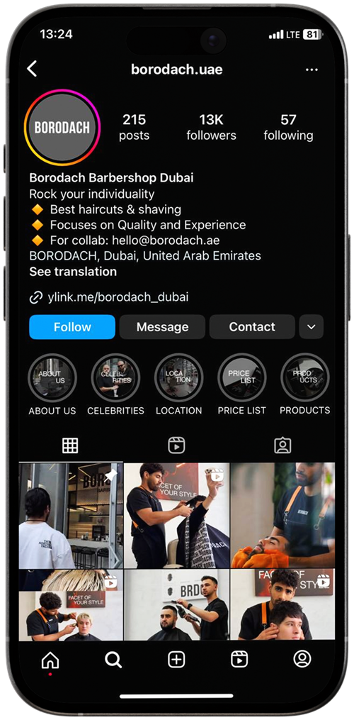 Borodach Barbershop Dubai Instagram account